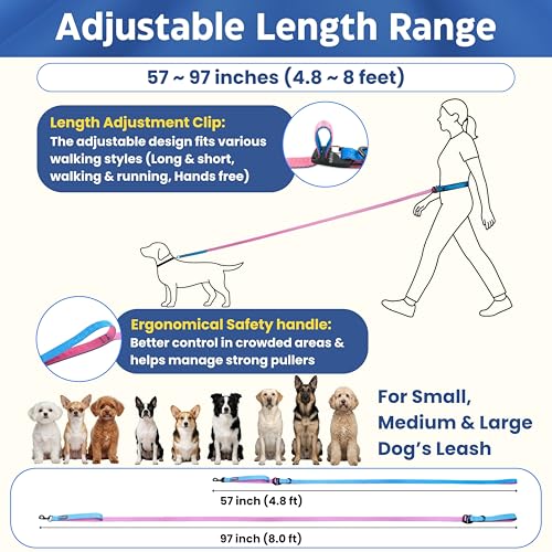 Anccoplus Hands Free Dog Leash, Multifunctional Crossbody Running for Dogs, Ultra-Light Dog Training Leash with Secure Clip, Short & Long Leashes, Adjustable Service Dog Leashes (Aqua Pink) - color: Aqua Pink