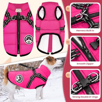 PETCARE Winter Dog Coat with Harness Built in Waterproof Dog Jackets Warm Pet Fleece Vest Windproof Snow Jacket Snowsuit Reflective Dogs Cold Weather Coats for Puppy Small Medium Large Dogs Cats - color: Pink, size: L(Chest 16.5" Suggest 8-11 lbs)