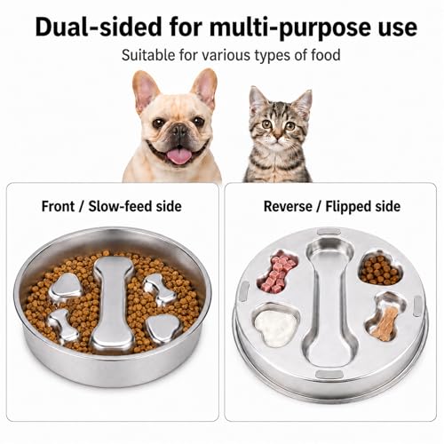 Slow Feeder Dog Bowl – 2 Cups Stainless Steel Puzzle Maze Bowl with Non-Slip Rubber Base, Upgraded 304 Food-Grade Metal Bloat Stop Anti-Gulping Slow Feed Bowl for Medium & Small Breeds