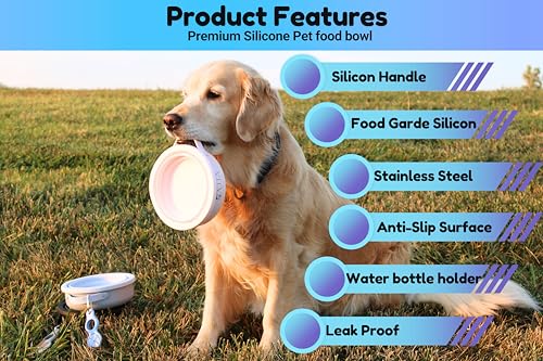 Blue Collapsible Travel Dog Bowl – BPA-Free Silicone & 18/8 Stainless Steel, Portable Non-Slip Food & Water Bowl with Handle, Bottle/Poop Bag Holder – Claim Your - color: Blue Bowl