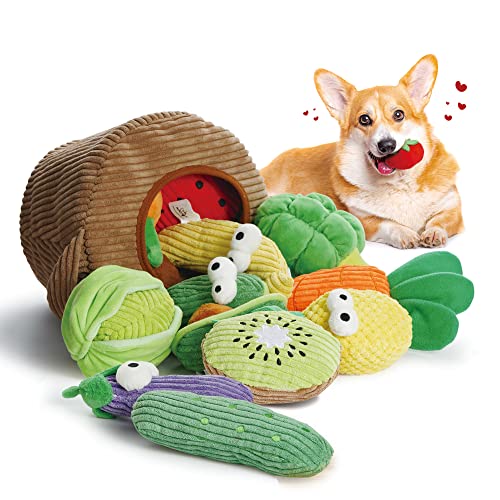 Nocciola Squeaky Fruits Veggies Stuffed Dog Toys Pack- Hide Seek Grocery Basket Crinkle Plush Puppy Toys to Keep Busy, Birthday Pet Supplies Gifts for Small Medium Breeds