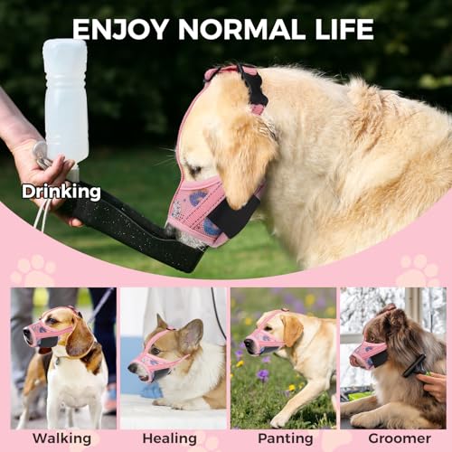 PAWCHIE Dog Muzzle, Soft Muzzle Anti Biting Barking Chewing, Comfortable Air Mesh Mouth Guard Breathable Adjustable Loop Pets Muzzle for Small Medium Large Dogs, Allows Panting Drinking, Pink Donut L - size: L(Snout Cir: 7.09"-9.45")