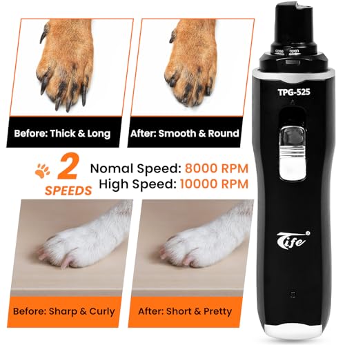 Tife Dog Nail Grinder,2 Speed Electric Rechargeable Dog Nail Trimmer,Quiet and Low-Vibration Pet Nail Grinder,Painless Dog&Cat Grooming Supplies for Large Medium Small Pets - color: Black-525