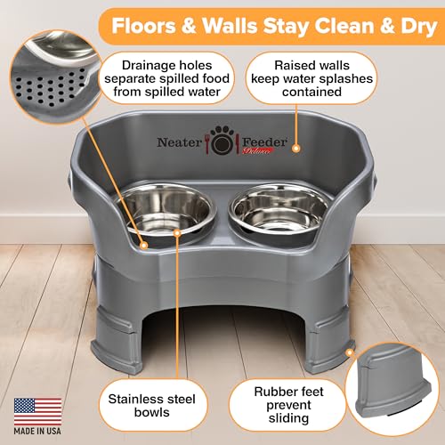 Neater Feeder Deluxe Mess Proof Dog Bowls Elevated for Medium Sized Breeds – Made in USA – No Spill Raised Slow Feeder Elevated Dog Bowl Stand, Stainless Steel Food and Water Bowl Set, Grey - color: Gunmetal Grey, size: Medium with Slow Feed Bowl