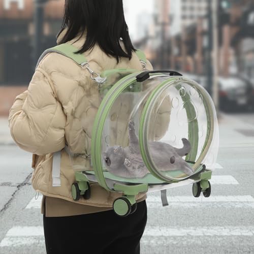 Cat Backpack Carrier, Transparent & Fully Breathable Hard cat Carrier with Rolling Wheels for Kitty Small Dog up to 19lbs, Multiple Carrying Options, Perfect for Travel Hiking, Green, Clear