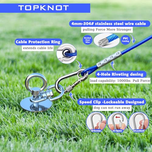 TOPKNOT Dog Tie Out Cable and Stake,360°Swivel Dog Run Anchor，with 30FT Heavy Duty Cable- No Tangle,Dog Runner for Yard - Up to 150LBS,Ideal for Outdoor Camping - size: dog stake+30ft/150lbs