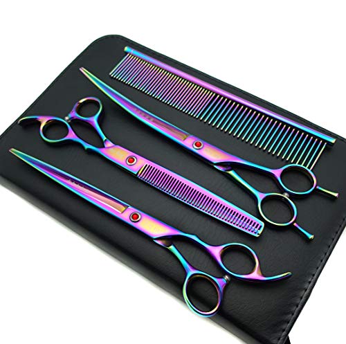 KINGSTAR 8.0in. Professional Pet Grooming Scissors Set,Titatium Plated Straight & Thinning & Curved Scissors Set with Comb,Dog Grooming,A563 - color: 8 Inches Rainbow 3pcs Set, size: 8 inches
