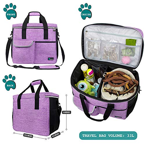 PetAmi Dog Travel Bag Organizer, Pet Travel Kit with 2 Food Containers & 2 Collapsible Dog Bowls, Pet Supplies Tote with Luggage Sleeve, Weekend Road Trip Camping Essentials, Purple, Large - color: Purple, size: Large - 15.5"L x 9.5"W x 14.0"H