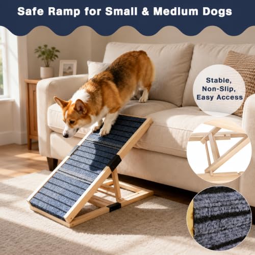 Adjustable Wooden Dog Ramp for Small Dogs, 27.6" Long x 11.8" Wide Portable Pet Ramp for Couch, Sofa, Anti-Slip Carpet, Lightweight Foldable Indoor Outdoor Travel Dog Ramp - size: 27.6"L x 11.8"W