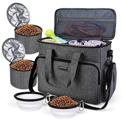 BAGLHER Dog Travel Bag, Airline Approved Pet Tote Organizer with Multi-Function Pockets, 2 X Food Storage Containers and 2 X Collapsible Bowls, Perfect Weekend Pet Travel Set for Dog, Cat Grey - color: Grey, size: Large