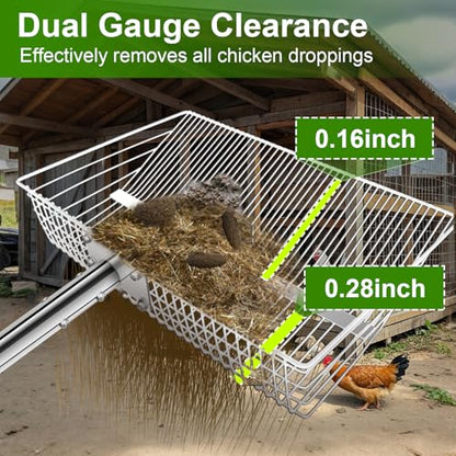 12inch Large Chicken Poop Scooper, 2 Widths of Slots Chicken Coop Litter Scoop with Stainless Steel Handle - 23" to 66", 4 in 1 Litter Sifting Shovel，Heavy Duty Chicken Coop Accessories