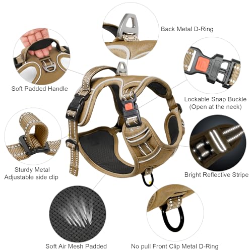 Timos Dog Harness Small Sized, No Pull Pet Harness with Neck Lockable Snap,No Choke Front Clip Dog Reflective Vest,Adjustable Metal Rings 3 Buckles,Easy Control Handle for Small Dogs Khaki S - color: Lock Khaki, size: Small (Pack of 1)