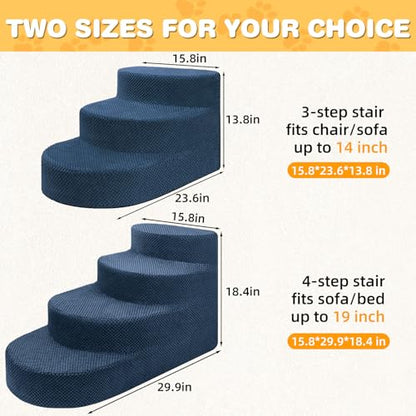 Dog Stairs 3 Steps Foam Pet Ramp for Small Dogs Cats, Navy Blue | Non-slip foam stairs with washable cover, ideal for beds & sofas. Sturdy, safe & easy to clean. - color: Navy blue-3-Step