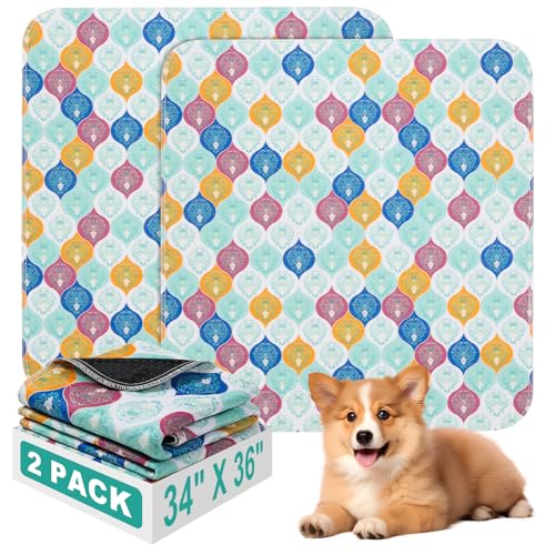 Washable Pee Pads for Dogs, Stylish Absorbent Reusable Training Dog Pads, Non-Slip and Leak-Proof Puppy Pads, Potty Pads for Crates, Whelping, Playpen, Bed and Floors, Bohemian Pattern 2 Pack 34" x36" - color: Colorful, size: 34" x 36" 2PACK