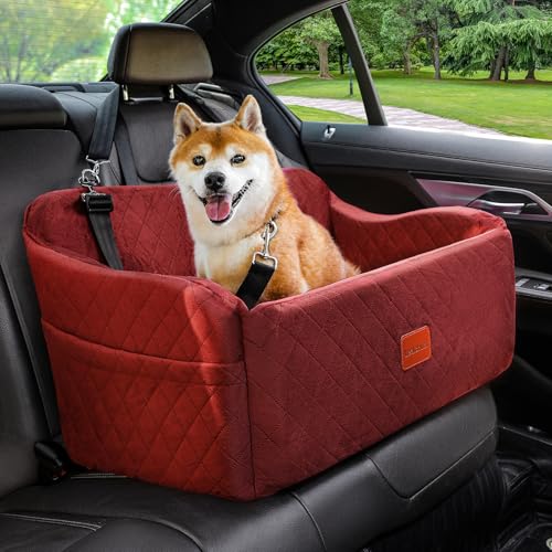 Lealchum Dog Car Seat for Medium/Large Dogs,2 Clip-On Safety Leashs for 2 Small Dogs,Removable and Washable Comfy Pet Car Seat,Easy to Install and Clean (Red, Large) - color: Red