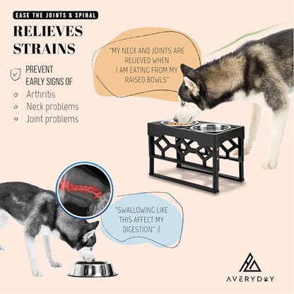 AVERYDAY Elevated Dog Bowls, 4 Height Adjustable Stand for Medium and Large Dogs, Raised Dog Feeder Holder with 2 Stainless Steel Food and Water Bowls, Anti-Slip Base Tall Feeding Station - color: Black stand + 2 food bowls, size: Large