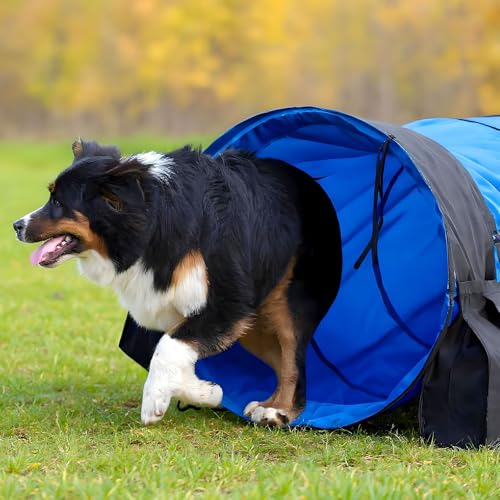 28 in 18 Foot Blue Extra Large Dog Agility Tunnel with Sandbags Dogs Agility Training Equipment Tunnel with 4 Pack Sandbags Carry Bag and 4 Ground Spikes for All Medium and Large Dogs - color: Blue, size: 28in X 18 ft