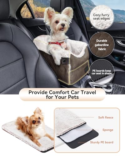 PETSFIT Center Console Dog Car Seat with Safe Protection Hooks, Pet Car Seat with Upgraded Safety Tethers, Washable Cushion, Console Dog Car Seats for Small Dogs (Coffee) - color: Coffee