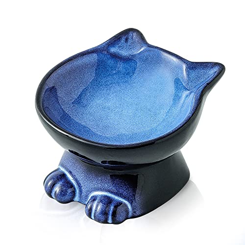 Nihow Elevated Cat Bowls,5 Inch Ceramic Raised Cat Food Bowl for Feeding | Slanted,Whisker Friendly,for Protecting Pet's Spine,Microwave & Dishwasher Safe ,Elegant Blue & Black,4.5 OZ - color: Blue & Black, size: 4.5 OZ