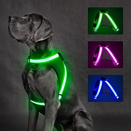 ChalkLit Light Up Dog Harness, No Pull Led Dog Harness Glow-in-The-Dark for Night Walking, USB Rechargeable Lighted Safety Vest for Medium Large Dogs, Adjustable Soft Mesh Fully Illuminated(Green, L) - color: Green, size: Large