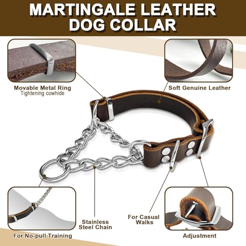 Leather Martingale Dog Collar, Soft Genuine Cowhide Handmade Assembled Stainless Steel Chain Martingale Collar Adjustable for Medium Large Dogs Pets. (L, Neck 20-25"(Martingale)) - size: L, Neck 20-25"(Martingale)
