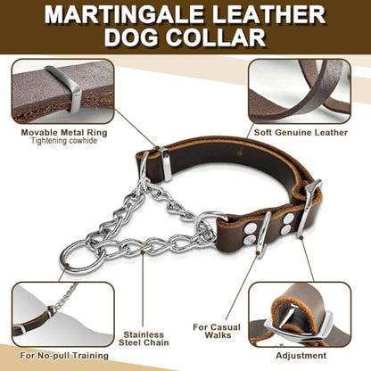 Leather Martingale Dog Collar, Soft Genuine Cowhide Handmade Assembled Stainless Steel Chain Martingale Collar Adjustable for Medium Large Dogs Pets. (L, Neck 20-25"(Martingale)) - size: L, Neck 20-25"(Martingale)