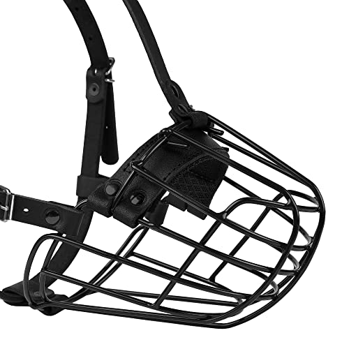 Pitbull Dog Muzzle Metal Mask Amstaff Secure Wire Basket Adjustable Durable Leather Straps for Large Dogs (Black) - color: Black