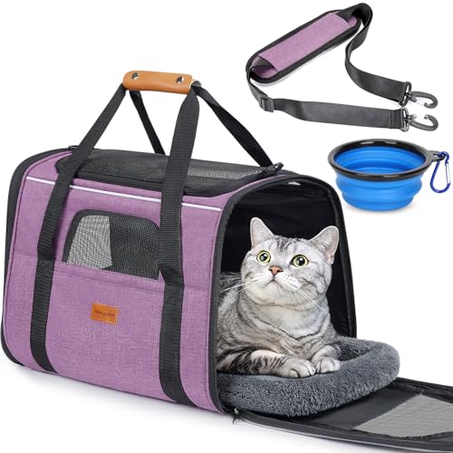 Morpilot Cat Carrier - Cat Carrier Soft for Medium or Large Cats up to 20lbs, with Dual-Sided Cushion, Secure Buckle and Foldable Bowl, Dog Carriers for Small Dogs(Purple)-17.3" L x 12.2" W x 13.4" H - color: Purple, size: 17.3"L x 12.2"W x 13.4"H