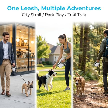 Retractable Dog Leash 16ft for Medium Dogs up to 66lbs — Durable Nylon Tape Leash with 360° Tangle-Free, One-Handed Brake & Lock, with Poop Bag Dispenser, Anti-Slip ABS Handle (White)