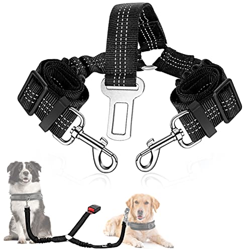 SlowTon Dog Seat Belt, Double Dog Seatbelt Adjustable Vehicle Safety Leash with Elastic Bungee Buffer, Reflective No Tangle Y Shape Two Dog Harness Seat Belt Splitter for Pets Car Trip (Black, M) - color: A.Black, size: 2 Medium in 1