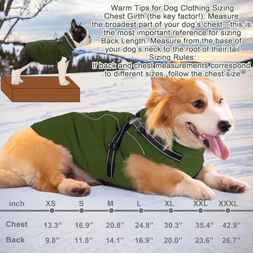 Fragralley Dog Coat with Harness Built in, Waterproof Windproof Reflective Warm Puffer Jacket, Fleece Lined Vest Winter Parka for Small, Medium, Large Dogs - color: Green, size: X-Small