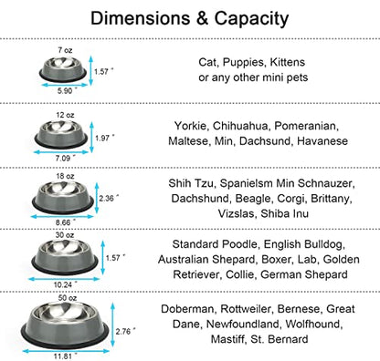 Stainless Steel Dog Bowls, Food and Water Non Slip Anti Skid Stackable Pet Puppy Dishes for Small, Medium and Large Dogs (2 Pack) - color: Grey, size: ¾ Cup/7 oz