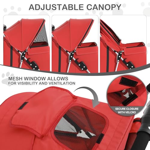 MoNiBloom 3 Wheels Pet Stroller, Foldable Puppy Cage Jogger Stroller with Weather Cover for All-Season, Storage Basket and Cup Holder, Breathable and Visible Mesh for Small/Medium Pets, Red - color: Red