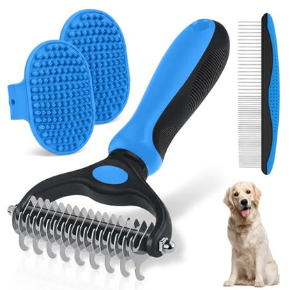 Double-Sided Pet Grooming Rake - 4-in-1 Professional Pet Grooming Kit Deshedding Dematting Tool for Dogs Cats Extra-Wide Grooming Brush & Deshedder Comb for Long & Short Haired Pets (Blue Kit 4PCS) - color: Blue Kit 4PCS