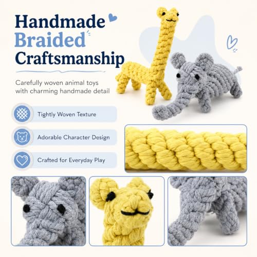 ADUCK Puppy Dog Rope Toy for Teeth Cleaning, Chew-Proof Dental Care & Interactive Training Reward | Durable Cotton Gray Elephant & Yellow Giraffe for Small & Medium Dogs - color: Elephant and Giraffe