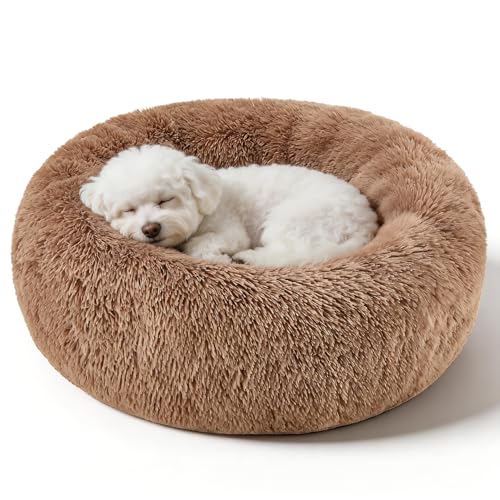 Dog Calming Beds for Small Medium Large Dogs - Round Donut Washable Dog Bed, Anti-Slip Faux Fur Fluffy Donut Cuddler Anxiety Cat Bed(24" Khaki - color: khaki, size: 24"L x 24"W x 8"Th