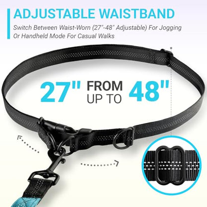 Hands-Free Bungee Dog Leash for Running Walking Small Medium Dogs | 4-6ft length, 28-47in adjustable waist belt, 2 reinforced handles, shock absorbing, reflective anti-pull, blue handles - color: Blue