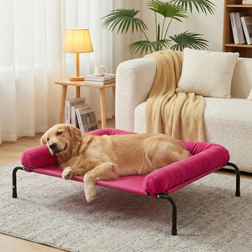 Cooling Elevated Dog Bed for Large Dogs, Outdoor Raised Dog Beds Portable Dogs Cot Bed W/Breathable Mesh, Pet Cots W/Removable Waterproof Bolster - color: Rose Pink, size: 43.0"L x 31.0"W x 8.0"Th