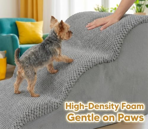 PAWZY Dog Stairs for Medium-Height Beds & Couches, 3-Step Foam Pet Steps 15.5” High for Small Dogs & Cats up to 60 lbs, Wide Non-Slip, Waterproof Washable Zipper Cover, No Assembly, Grey - size: 3 Step