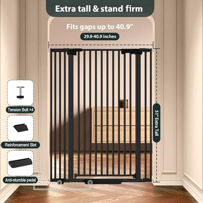 51'' Extra Tall Cat Gate for Doorways Hallways 30-40.9'' Wide, Pressure Mounted Pet Dog Gates No Drilling Auto Close, Cat Fence Barrier Indoor Climb Proof (Black) - size: 30''-40.9'' Wide