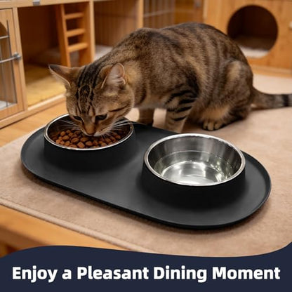 Double Stainless Steel Cat Food Bowls with Non-Slip Silicone Mat, Double Pet Feeder for Food & Water, Spill Proof Cat Dish Set for Small Medium Dogs & Cats, 1.5 Cups Each Bowl, Black Mediun - color: Black