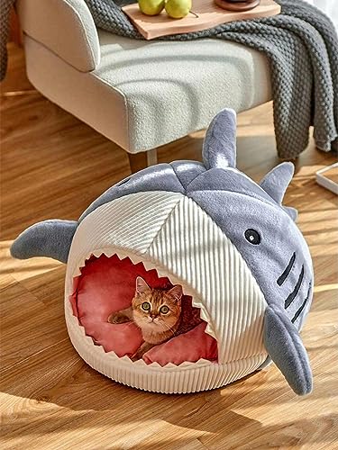 QWINEE Cat Mat Shark-Shaped Kennel Kitten Bed Hideout House Warm Soft Comfortable Semi-Closed Cat Dog Nest Blue S - color: Blue, size: Small