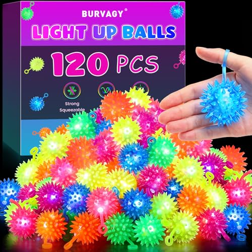 BURVAGY 120 Pcs Light up Ball, Spiky Balls Glow in The Dark Bouncy Balls Indoor Outdoor Games Party Favors Glow Ball for Children Teens Adults - color: 120p