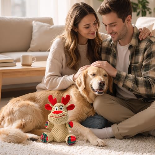 Reindeer Squeaky Dog Toy – Soft Crinkle Stuffed Chew Toy for Small & Medium Dogs, Cute Plush Puppy Toy - color: Beige Reindeer