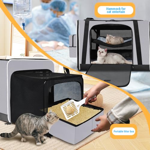 Petskd Side Expandable Extra Large Cat Carrier with Litter Box Area, 24"x17"x17" Soft-Sided Pet Carrier for 2 Cats Under 55 lbs with Zipper Locks for Car Travel(Grey) - color: Grey