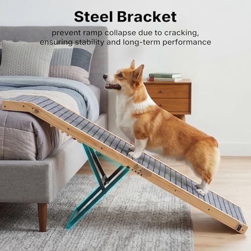 Veehoo Folding Dog Ramp for Bed Couch, 65" Long Stairs for Dogs to Get on High Bed with Platform and 5 Adjustable Height 20" to 31“, Wooden Senior Dog Ramp Steps for Small to Large Dogs, up to 220lbs