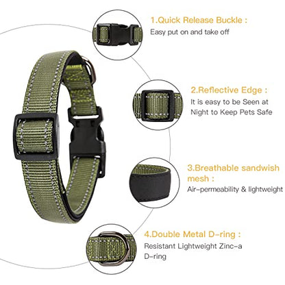HEELE Dog Collar, Reflective Dog Collar, Soft Neoprene Padded Breathable Nylon Pet Collar Adjustable for Large Dogs, Army Green, L(15.74-25.98")