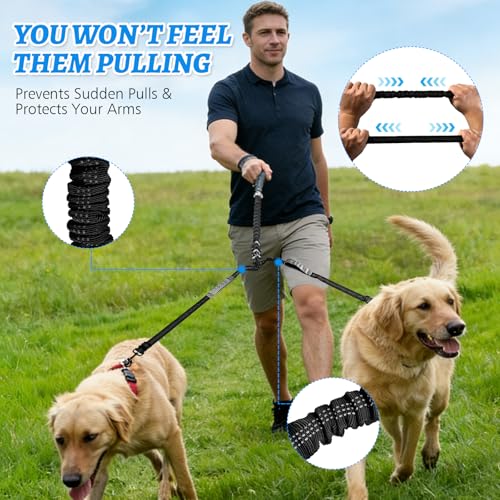 Double Dog Leash-360° Swivel, No Tangle Dog Leash Coupler, No Pull Adjustable Dual Lead with Shock-Absorbing Bungee, Padded Handles, Reflective Walking & Training Lead Splitter for 2 Dogs - color: Black Gray