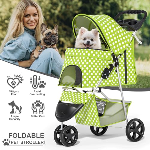MoNiBloom 3 Wheels Pet Dog Cat Stroller for Small Medium Dogs Cats, Foldable Jogger Stroller w/Storage Basket and Cup Holder, Lawn Green Polka Dots - color: Lawn Green Polka Dots
