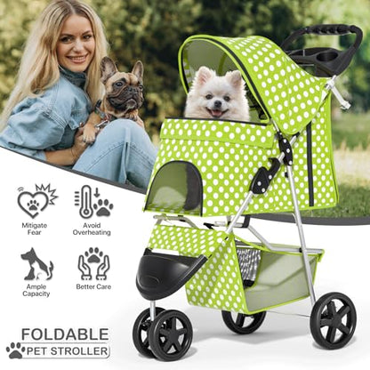 MoNiBloom 3 Wheels Pet Dog Cat Stroller for Small Medium Dogs Cats, Foldable Jogger Stroller w/Storage Basket and Cup Holder, Lawn Green Polka Dots - color: Lawn Green Polka Dots